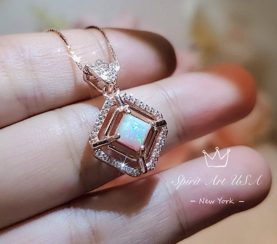 Dainy Square Opal Necklace Diamond Royal Flower Rose Gold Sterling Silver Tiny Fire White Opal   Pendant 1022