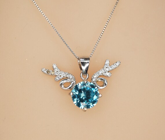 Aquamarine Necklace - High Quality Sterling Silver 2 CT Blue  Deer Antler Pendant - Blue Aquamarine Pendant #277