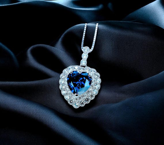 Blue Sapphire Heart Necklace - Double Halo Gemstone Sapphire Pendant - Sterling Silver White Gold Plated 1.8 CT Blue Gemstone Jewelry #389