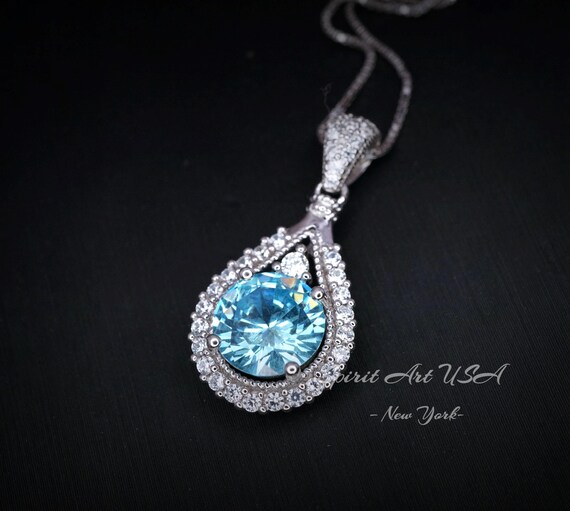 8mm Round Aquamarine Necklace Sterling Silver 2ct Teardrop Style  White Gold plated  March Birthstone #335