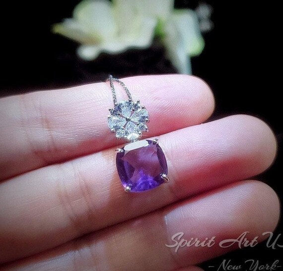 Amethyst Necklace - Large Genuine Amethyst Pendant - 18KGP @ Sterling Silver - Natural February Birthstone -  Four Leaf Clover Necklace #605
