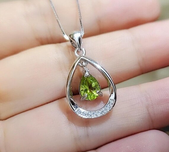 Natural Peridot Necklace, Sterling Silver Genuine Teardrop Green Peridot Pendant,  925 Silver Box Chain Dangle Peridot Jewelry 1036