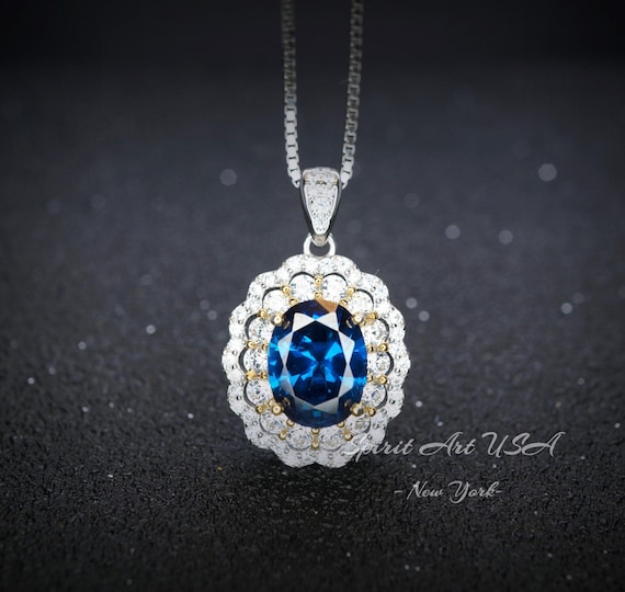 Blue Sapphire Necklace - Double Halo Gemstone -  Blue Sapphire Pendant 18KGP @ Sterling Silver - September Birthstone - 2.3CT Oval #592