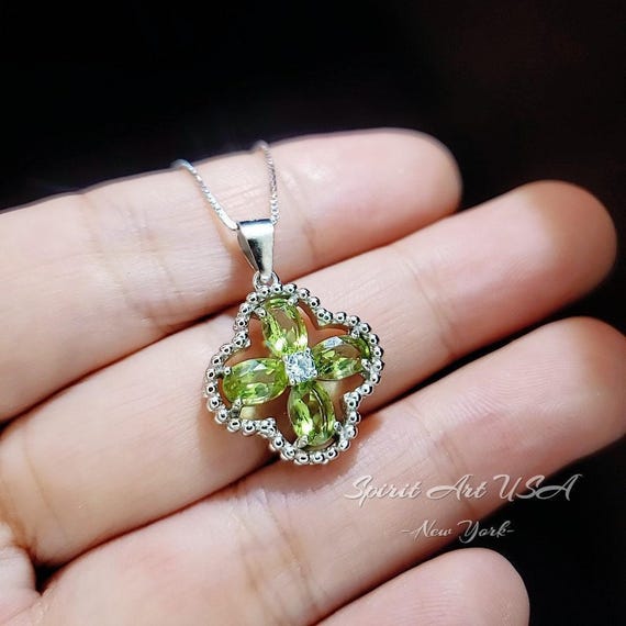 Genuine Green Peridot Necklace, 925 Sterling Silver Four Leaf Clover Necklace, Natural Peridot Pendant  August Birthstone Leaf Jewelry  #233