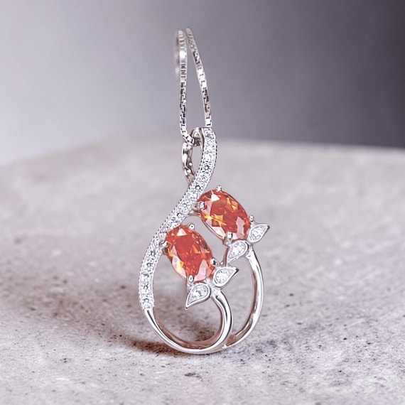 Red Orange Sunstone Necklace Spessartite Garnet Necklace - Sterling Silver Tangerine Sapphire Leaf Orange Gemstone Jewelry #271