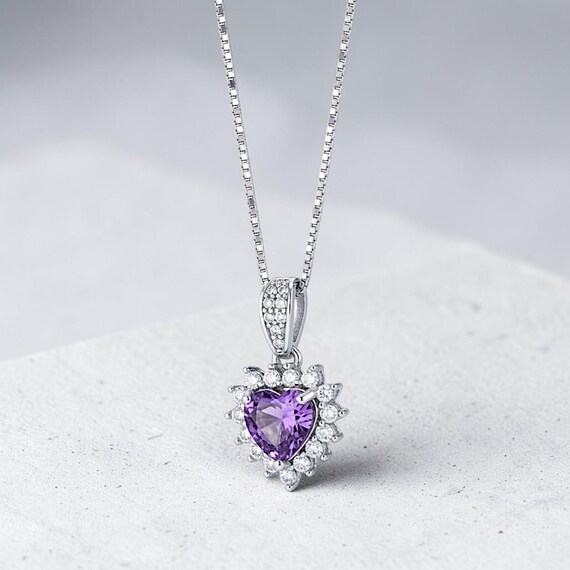 Tiny Natural Amethyst Necklace - Genuine Amethyst Heart  Pendant 18k Sterling Silver- Minimalist February Birthstone 012