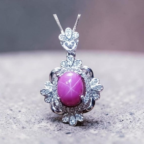 Star Ruby Necklace - Gemstone Royal Flower Ruby Pendant - 18KGP @ Sterling Silver -  July Birthstone #749
