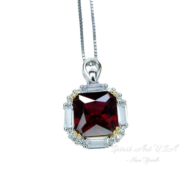 Ruby Necklace - Pigeon Blood Red Ruby Pendant - White gold @ Sterling Silver - July Birthstone 8 mm 2.5 CT Square Cut Red Ruby Jewelry #301