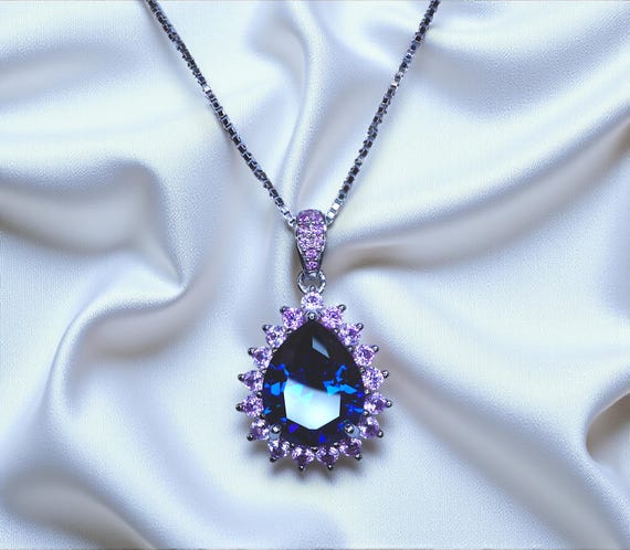 Teardrop Blue Sapphire Necklace Pink Tourmaline Surrounded Halo Large Solitaire Pear Cut Blue Sapphire Pendant 18kgp @ Sterling Silver #686