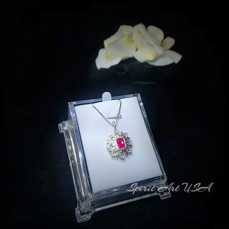 Ruby Necklace Water Lily Flower Pendant White Yellow Gold Plated Sterling Silver 1 CT Rectangle Red Gemstone Pendant Diamond July Birthstone
