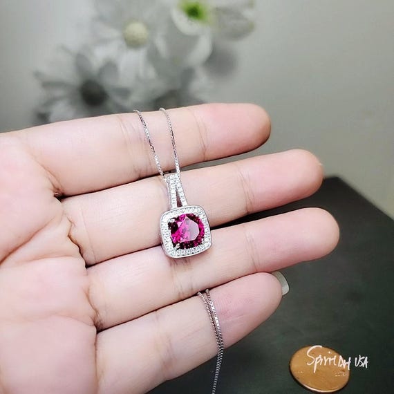 Red Ruby Necklace, Sterling Silver Square Dainty Ruby Pendant,  8 mm 2CT High Quality July Birthstone #247