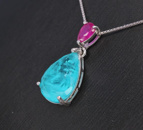Sterling Silver Teardrop Paraiba Necklace - Dainty Red Ruby  6 CT Synthetic Lab Created Blue Paraiba Tourmaline Necklace #726