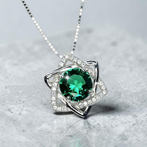 Emerald Necklace Gemstone David Star Style - May Birthstone -  Lab Created Emerald Jewelry white gold coated sterling silver #318