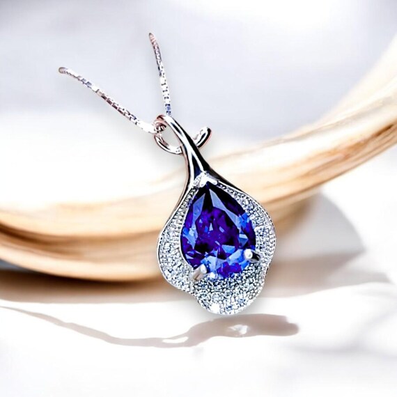 Tanzanite Necklace -  18KGP Sterling Silver Petal Jewelry - Solitaire Teardrop Genuine Lab Created Tanzanite Jewelry #426