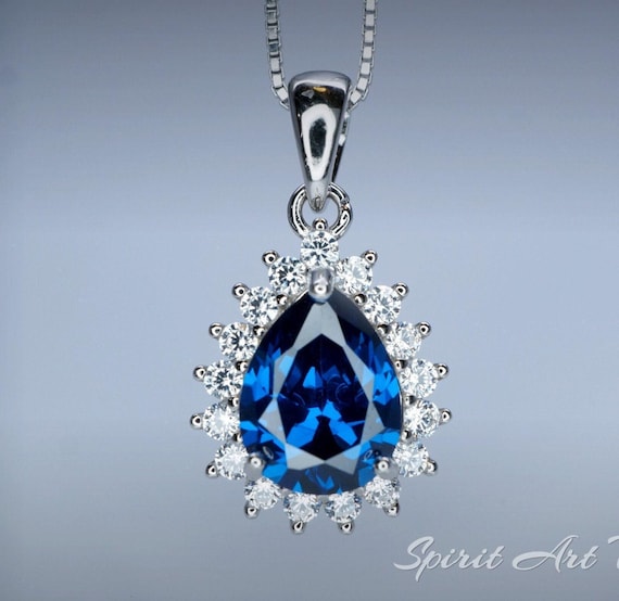 Teardrop Blue Sapphire Necklace Gemstone Halo 2.1 CT Sapphire Pendant Sterling Silver Pear Blue Gemstone Jewelry #394