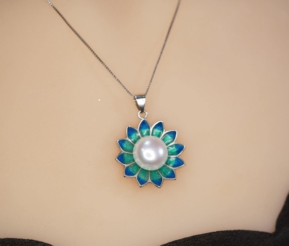 Genuine Freshwater Pearl Necklace - Sterling Silver Blue Lotus Flower Necklace 1105