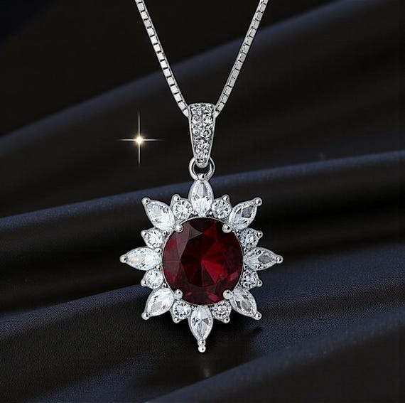 Sterling Silver Red Ruby Necklace 8mm 2CT Pigeon's blood Ruby Pendant 18k @ Sterling silver July Birthstone #1135