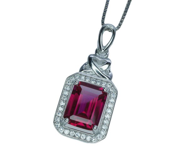 Ruby Necklace Rectangle red Pendant - 18KGP @ Sterling Silver - July Birthstone adjustable chain  #299