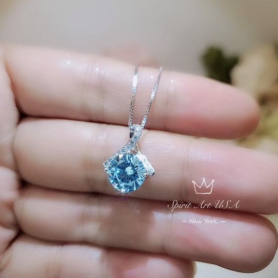 2.2 CT Blue Aquamarine Necklace Gemstone Knot Pendant Simple Bowknot Bright Blue Gemstone White Gold Coated Sterling Silver Minimalist #110