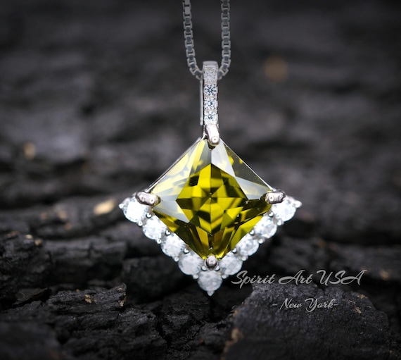 Large Gemstone Style Green Peridot Necklace - 6.5 CT  Square Princess Cut Green Peridot Pendant  - 18KGP & Full Sterling Silver Made #767