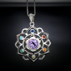 Amethyst Necklace - 7 Chakra Pendant - 18KGP @ Sterling Silver - Genuine Natural Amethyst Jewelry - Flower Of Life Yoga Necklace #464