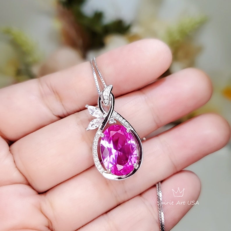 Large Pink Tourmaline Necklace Diamond Leaf Oval 6 CT Fuchsia Red Tourmaline Pendant Sterling Silver White Gold coated Bridal Jewelry