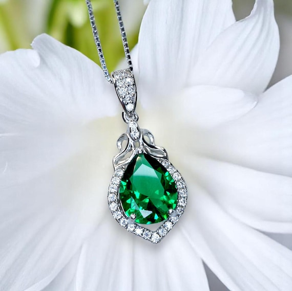 Tiny Sterling Silver Emerald Necklace - Teardrop Emerald Pendant - May Birthstone Petal Leaf Green Gemstone Jewelry - 18KGP #287