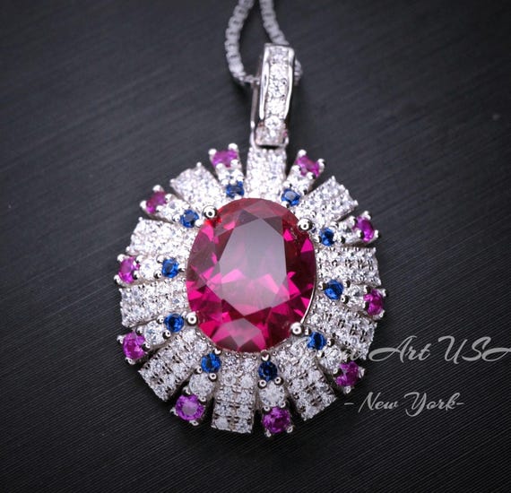 Luxury Radiant Red Ryby Necklace - Source Light Style - 18kgp @ Sterling Silver - Exclusive  Design 2.8 CT Ruby Pendant #901