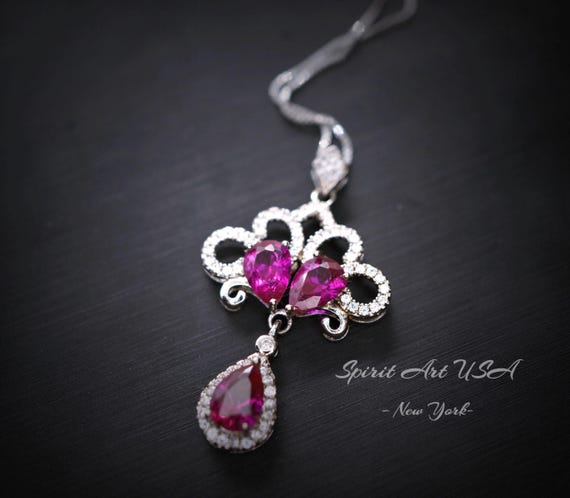 Peacock Flower Red Ruby Necklace 18KGP Sterling Silver Gemstone Tassel Red Ruby Pendant White Gold coated Bridal Wedding  Jewelry #533