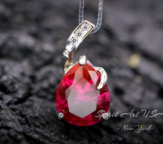 Classic Simple Ruby Necklace - 18KGP& Sterling Silver - Teardrop Red Ruby Pendant - July  Birthstone - Pear 3.5 CT Large #683
