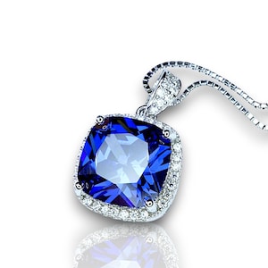 Large Tanzanite Necklace - 18KGP @ Sterling Silver -  December Birthstone jewelry - Square Cushion Deep Blue 5CT  Tanzanite #696