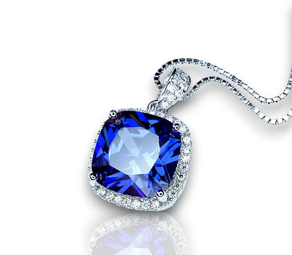 Large Tanzanite Necklace - 18KGP @ Sterling Silver -  December Birthstone jewelry - Square Cushion Deep Blue 5CT  Tanzanite #696
