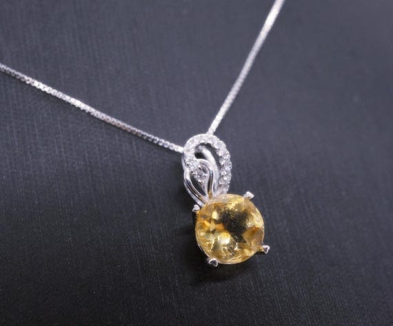 Genuine Citrine Necklace Sterling Silver Single Simple Round Natural Citrine Pendant 1106