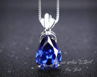 Large Teardrop Tanzanite Necklace - 18KGP Sterling Silver December Birthstone - Pear Cut 7 CT Blue Tanzanite Jewelry #780
