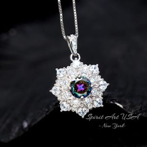 Mystic Topaz Necklace - Gemstone Snow Flower Pendant - Sterling Silver Round 6mm Mystic Topaz Pendant - 18KGP  Double halo style #497