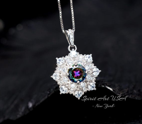 Mystic Topaz Necklace - Gemstone Snow Flower Pendant - Sterling Silver Round 6mm Mystic Topaz Pendant - 18KGP  Double halo style #497
