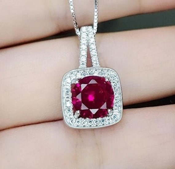 Red Ruby Necklace, Sterling Silver Square Dainty Ruby Pendant,  8 mm 2CT High Quality July Birthstone #247