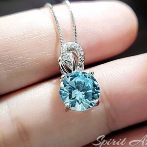 Tiny Blue Aquamarine Necklace - Sterling Silver Single Halo Dangle Round 8mm - March Birthstone -  Aquamarine Jewelry 081