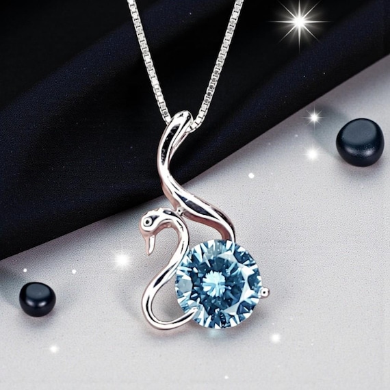8mm 2 CT Aquamarine Necklace - 18KGP Sterling Silver -  Swan Pendant - Solitaire Aquamarine - Simple  Aquamarine Jewelry #149