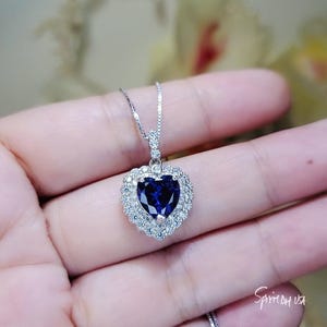 Tanzanite Necklace -  18k @ Sterling Silver - Gemstone Blue Ocean Heart Double Halo 2 CT Man created Vivid Energic Tanzanite Gemstone #474