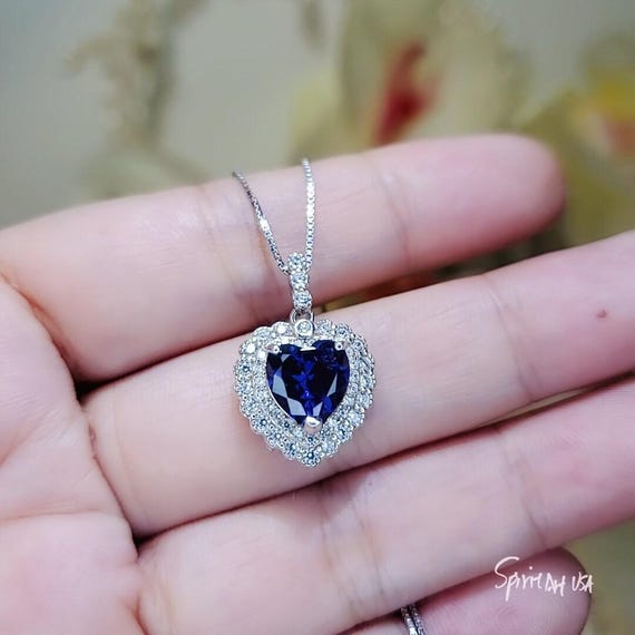 Tanzanite Necklace -  18k @ Sterling Silver - Gemstone Blue Ocean Heart Double Halo 2 CT Man created Vivid Energic Tanzanite Gemstone #474