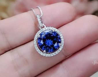 Large 10mm Tanzanite Necklace - Full Sterling Silver Solitaire Round  Lab Created Energic Tanzanite Pendant December Birthstone #502