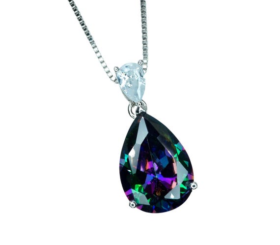 Large Teardrop Mystic Topaz Necklace - White Gold Plated Sterling Silver -  Pear 6 CT Rainbow Topaz Pendant #565