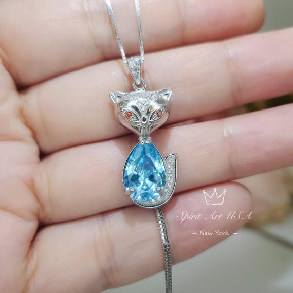 Aquamarine Necklace -Sterling Silver Fox Pendant - 2.5 CT  Pendant Teardrop Pear Cut - Deep Sky Blue - Aquamarine Jewelry - 18KGP #442
