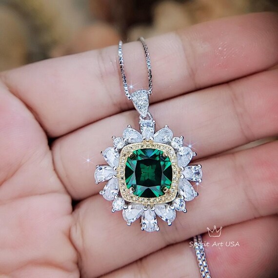 Large Square Emerald Necklace  Gemstone Halo Gold Square 7 CT 10 MM Green Emerald Pendant Sterling Silver White Gold plated #809