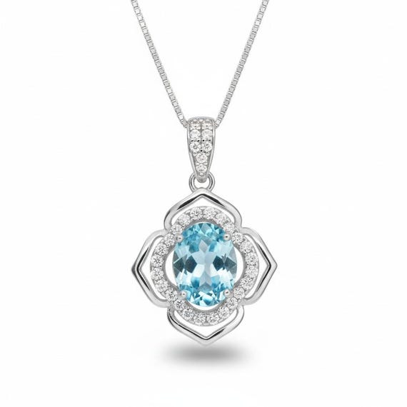 Aquamarine Necklace  flower of life jewelry - 18KGP @ Sterling Silver Blue Aquamarine Pendant -  Blue Gemstone March Birthstone