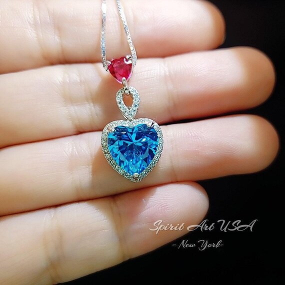 Double Heart Blue Topaz Necklace -  4 Ct Gemstone Halo Heart Connect Heart Necklace - November Birthstone -  Blue Topaz Pendant #1123