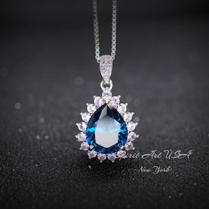 Teardrop Blue Sapphire Necklace Pink Tourmaline Surrounded Halo Large Solitaire Pear Cut Blue Sapphire Pendant 18kgp @ Sterling Silver #686