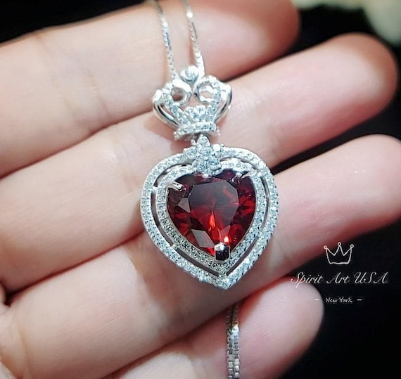 Large Garnet Necklace - Double Diamond Heart Pendant - White Gold Coated Sterling Silver - 7 ct Created Spessartite Garnet Pendant 1068