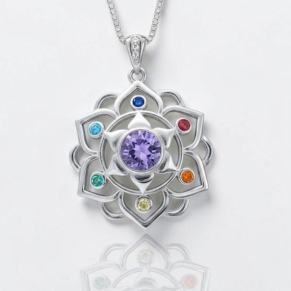 Amethyst Necklace - 7 Chakra Pendant - 18KG @ Sterling Silver - Genuine Natural Amethyst Jewelry - Flower Of Life Yoga Necklace #464